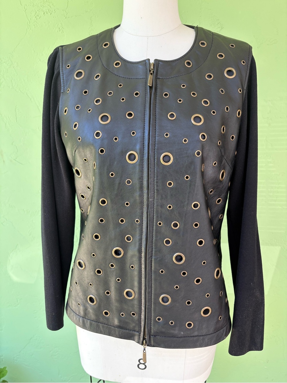 Michael Simon Black Leather Eyelet Zip Jacket